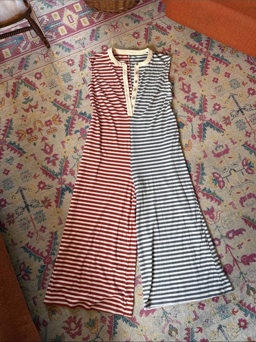 Amazon Two-Tone Striped Sleeveless Jumpsuit in Rust & Gray